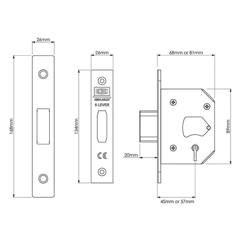 Union StrongBOLT 2105S Polished Brass 5 Lever Mortice Deadlock Visi 81mm 3in UNION - RockBottom Northampton