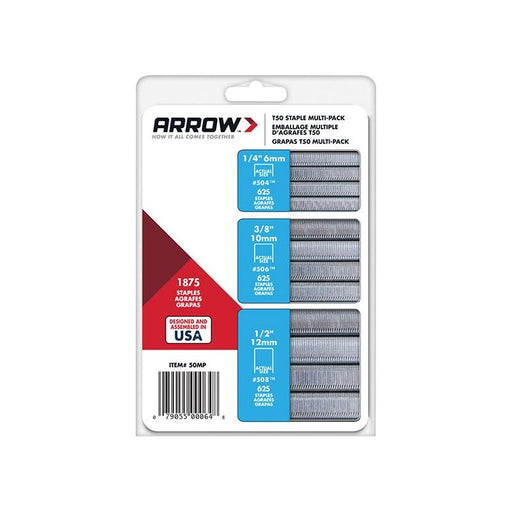 Arrow T50 Staples Multi Pack 6mm 10mm & 12mm (Box 1875, 3 x 625) Arrow - RockBottom Northampton 