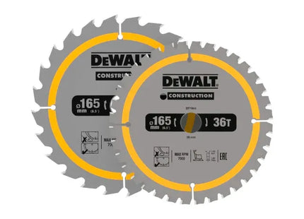 Dewalt Power Tools DT90270 Construction Circular Saw Blade 2 Pack 165 x 20mm x 24T/36T DeWALT Power Tools - RockBottom Northampton