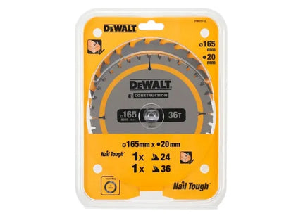 Dewalt Power Tools DT90270 Construction Circular Saw Blade 2 Pack 165 x 20mm x 24T/36T DeWALT Power Tools - RockBottom Northampton