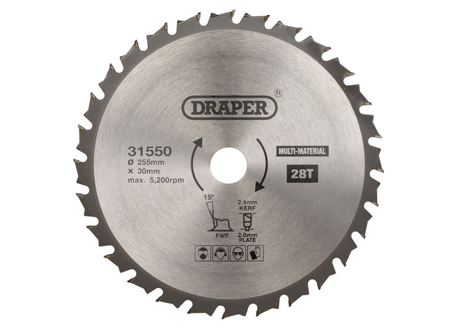 Draper TCT Multi-Purpose Circular Saw Blade, 255 x 30mm, 28T 31550 Draper - Town Tools 