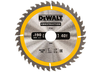 Dewalt Power Tools Portable Construction Circular Saw Blade 190 x 30mm x 40T DeWALT Power Tools - RockBottom Northampton