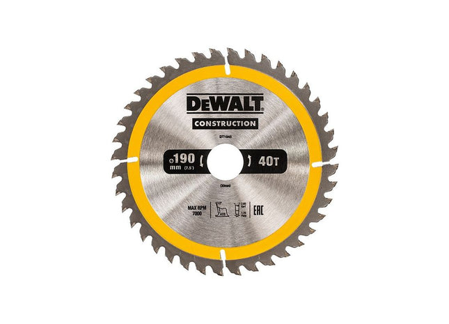 Dewalt Power Tools Portable Construction Circular Saw Blade 190 x 30mm x 40T DeWALT Power Tools - RockBottom Northampton