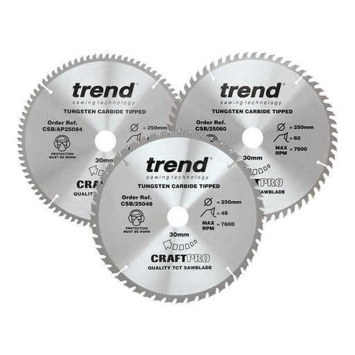 Trend CraftPro Table Saw Blade 250 x 30mm x 48T/60T/84T (Pack 3) Trend - RockBottom Northampton