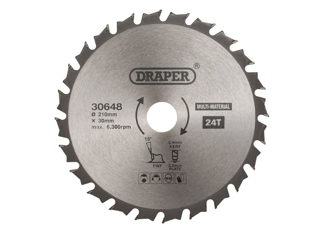 Draper TCT Multi-Purpose Circular Saw Blade, 210 x 30mm, 24T 30648 Draper - Town Tools 
