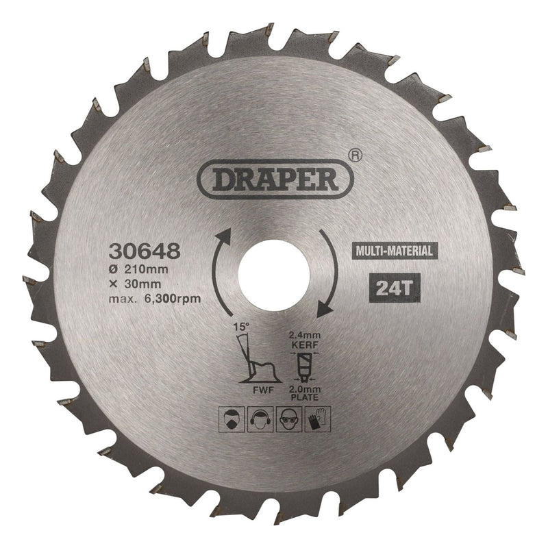Draper TCT Multi-Purpose Circular Saw Blade, 210 x 30mm, 24T 30648 Draper - Town Tools 