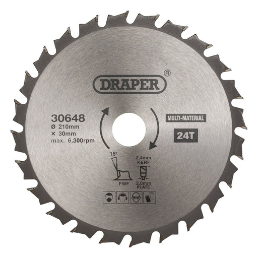Draper TCT Multi-Purpose Circular Saw Blade, 210 x 30mm, 24T 30648 Draper - Town Tools 