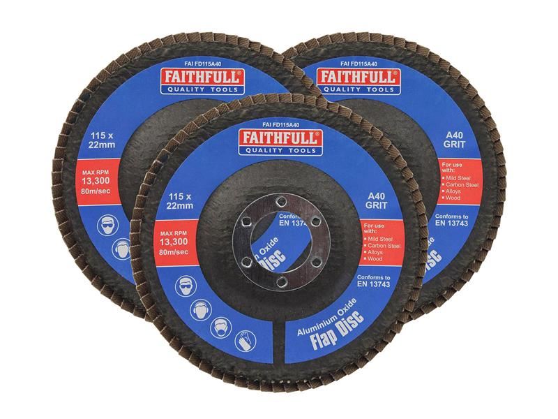 Faithfull Aluminium Oxide Flap Disc 115 x 22mm 40 Grit (3 Pack) Faithfull - RockBottom Northampton