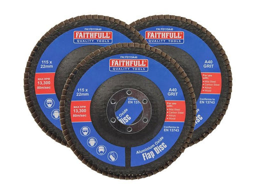 Faithfull Aluminium Oxide Flap Disc 115 x 22mm 40 Grit (3 Pack) Faithfull - RockBottom Northampton