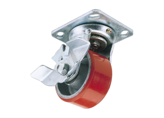 Draper Swivel Plate Fixing Heavy Duty Polyurethane Wheel with Brake, 125mm Diame Draper - Town Tools 