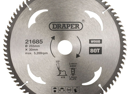 Draper TCT Circular Saw Blade for Wood, 255 x 30mm, 80T 21685 Draper - Town Tools 