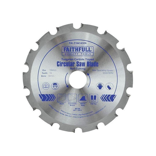 Faithfull TCT Circular Saw Blade Nail Cutting 184 x 30mm x 14T NEG Faithfull - RockBottom Northampton