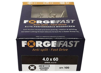 Forgefix ForgeFast Pozi Compatible Elite Performance Wood Screw ZY 4.0 x 60mm Box 100 ForgeFix - RockBottom Northampton
