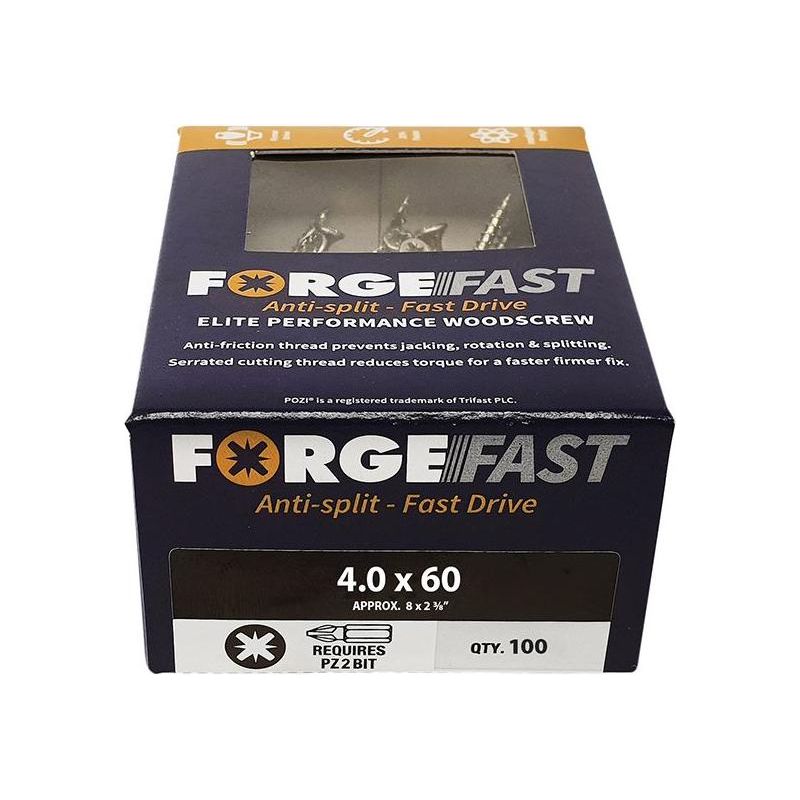 Forgefix ForgeFast Pozi Compatible Elite Performance Wood Screw ZY 4.0 x 60mm Box 100 ForgeFix - RockBottom Northampton