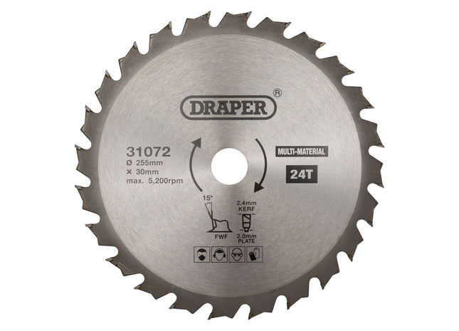 Draper TCT Multi-Purpose Circular Saw Blade, 255 x 30mm, 24T 31072 Draper - Town Tools 