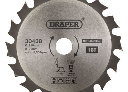 Draper TCT Multi-Purpose Circular Saw Blade, 210 x 30mm, 16T 30438 Draper - Town Tools 
