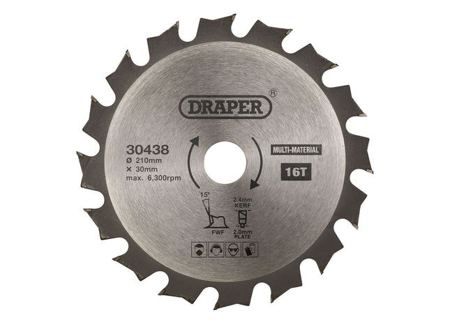 Draper TCT Multi-Purpose Circular Saw Blade, 210 x 30mm, 16T 30438 Draper - Town Tools 