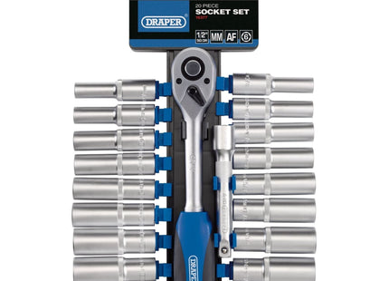 Draper Combined MM/AF Deep Socket and Ratchet Set, 1/2" Sq. Dr. (20 Piece) 16377 Draper - Town Tools 