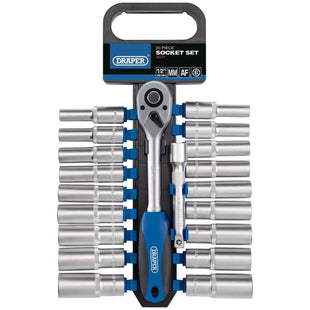 Draper Combined MM/AF Deep Socket and Ratchet Set, 1/2" Sq. Dr. (20 Piece) 16377 Draper - Town Tools 