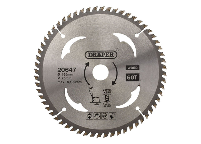 Draper TCT Circular Saw Blade for Wood, 165 x 20mm, 60T 20647 Draper - Town Tools 