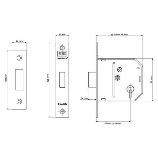 Union ES-DL Essentials 3 Lever Mortice Deadlock Chrome 65mm 2.5in Visi UNION - RockBottom Northampton