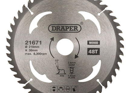 Draper TCT Circular Saw Blade for Wood, 210 x 30mm, 48T 21671 Draper - Town Tools 