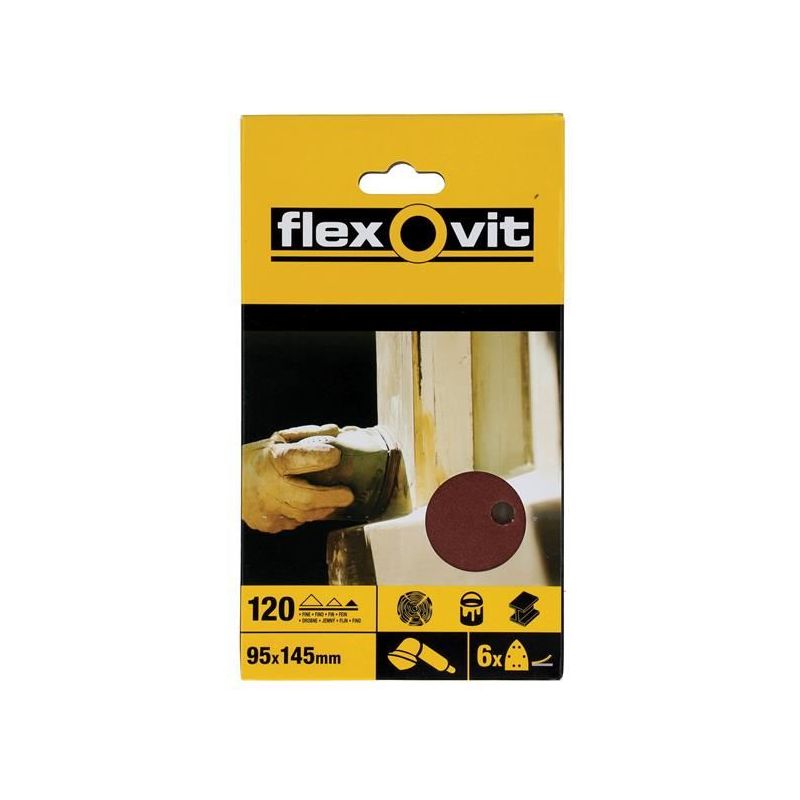 Flexovit Detail Hook & Loop Sanding Sheets 95x145mm Fine 120G (Pack 6) Flexovit - RockBottom Northampton