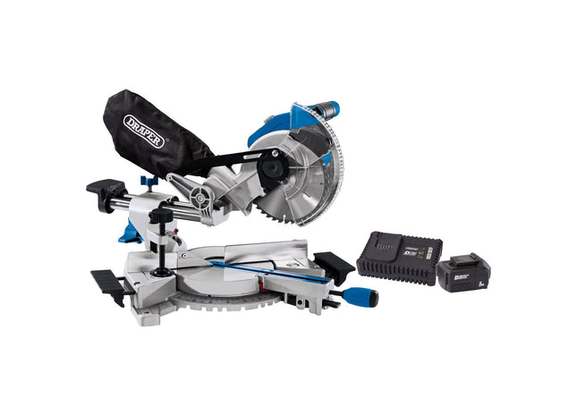 Draper D20 20V Brushless Sliding Compound Mitre Saw, 185mm, 1 x 5.0Ah Battery, 1 Draper - Town Tools 
