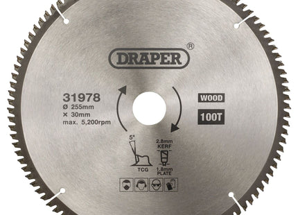 Draper TCT Triple Chip Grind Circular Saw Blade, 255 x 30mm, 100T 31978 Draper - Town Tools 