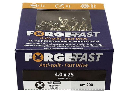 Forgefix ForgeFast Pozi Compatible Elite Performance Wood Screw ZY 4.0 x 25mm Box 200 ForgeFix - RockBottom Northampton