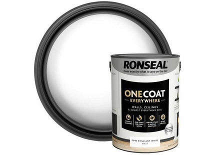 Ronseal One Coat Everywhere Interior Paint Pure Brilliant White Matt 5 litre Ronseal - RockBottom Nothampton