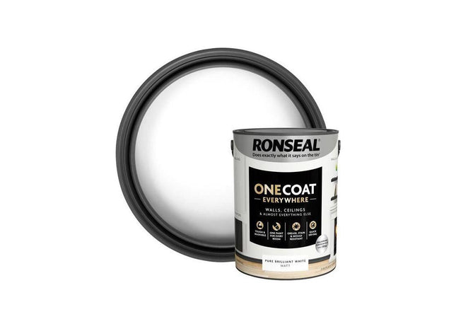Ronseal One Coat Everywhere Interior Paint Pure Brilliant White Matt 5 litre Ronseal - RockBottom Nothampton