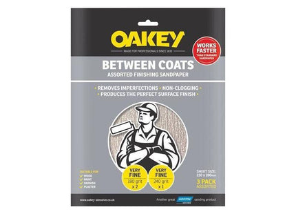 Oakey Between Coats Finishing Sandpaper 230 x 280mm Assorted (3) Oakey - RockBottom Nothampton