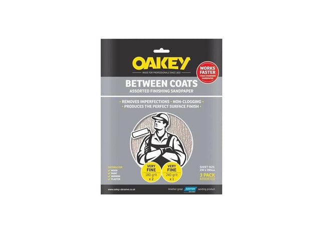 Oakey Between Coats Finishing Sandpaper 230 x 280mm Assorted (3) Oakey - RockBottom Nothampton