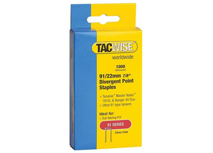Tacwise 91 Narrow Crown Divergent Point Staples 22mm - Electric Tackers (Pack 1000) Tacwise - RockBottom Northampton