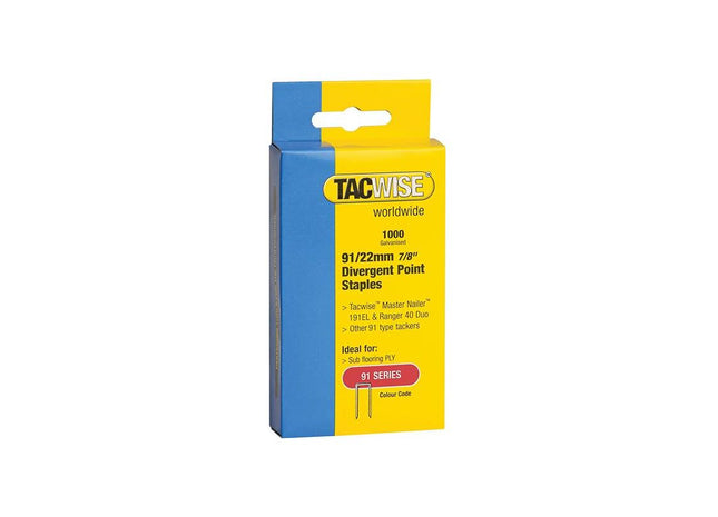 Tacwise 91 Narrow Crown Divergent Point Staples 22mm - Electric Tackers (Pack 1000) Tacwise - RockBottom Northampton