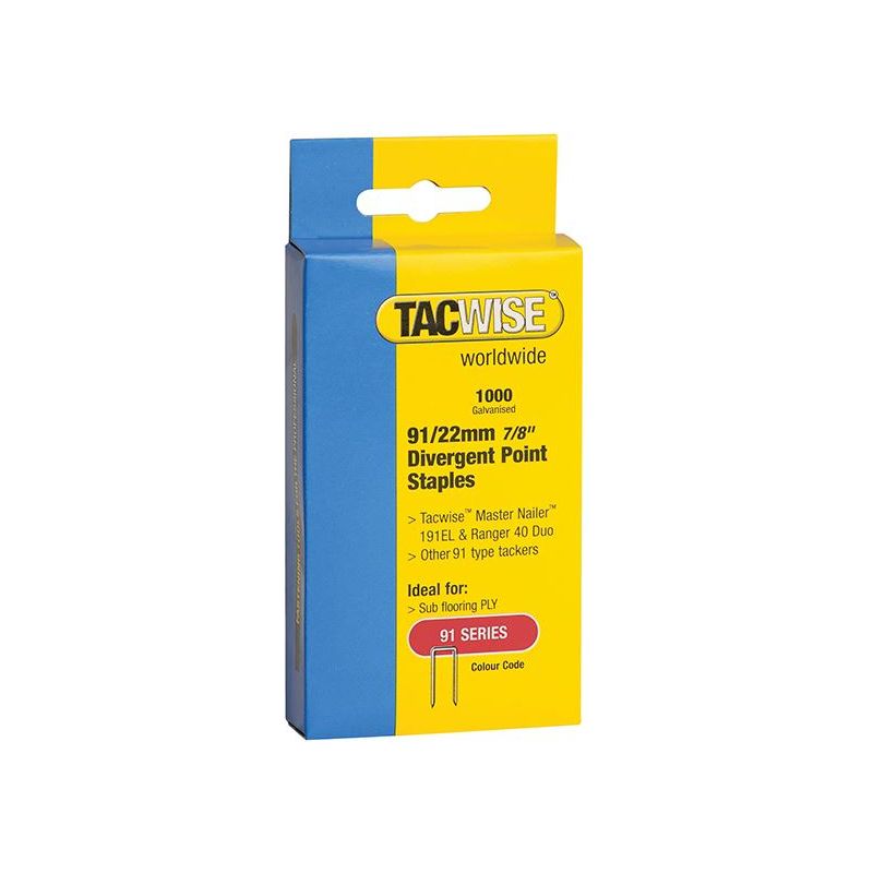 Tacwise 91 Narrow Crown Divergent Point Staples 22mm - Electric Tackers (Pack 1000) Tacwise - RockBottom Northampton