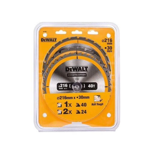 Dewalt Power Tools DT1962 Construction Circular Saw Blade 3 Pack 216 x 30mm 2 x 24T 1 x 40T DeWALT Power Tools - RockBottom Northampton