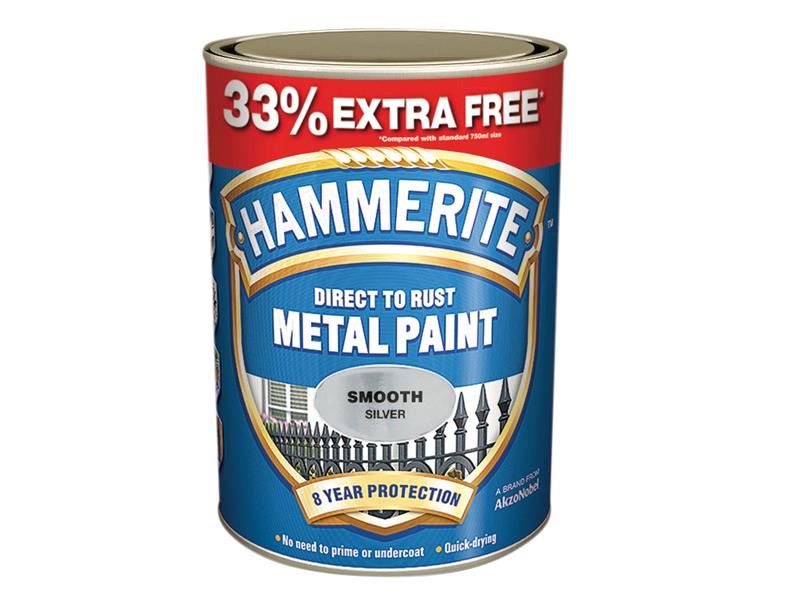 Hammerite Direct to Rust Smooth Finish Metal Paint Silver 750ml + 33% Hammerite - RockBottom Northampton