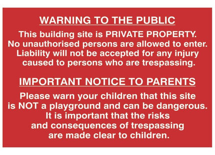 Scan Building Site Warning to Public & Parents - PVC Sign 600 x 400mm Scan - RockBottom Nothampton