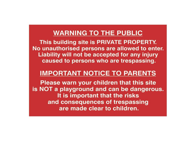 Scan Building Site Warning to Public & Parents - PVC Sign 600 x 400mm Scan - RockBottom Nothampton