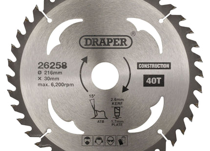 Draper TCT Construction Circular Saw Blade, 216 x 30mm, 40T 26258 Draper - Town Tools 