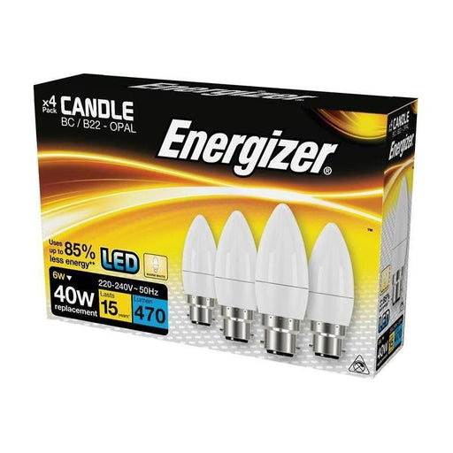 Energizer® LED BC (B22) Opal Candle Non-Dimmable Bulb, Warm White 470 lm 5.2W (Pack 4) Energizer® - RockBottom Northamptin
