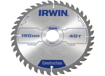 Irwin® Construction Circular Saw Blade 190 x 30mm x 40T ATB IRWIN® - RockBottom Northampton