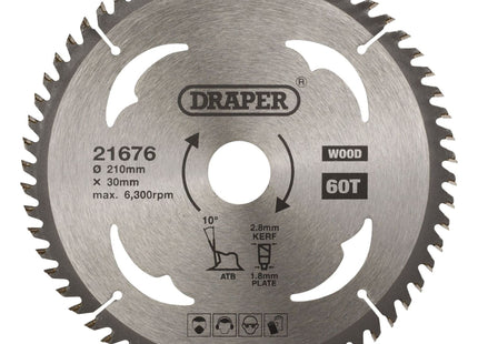 Draper TCT Circular Saw Blade for Wood, 210 x 30mm, 60T 21676 Draper - Town Tools 