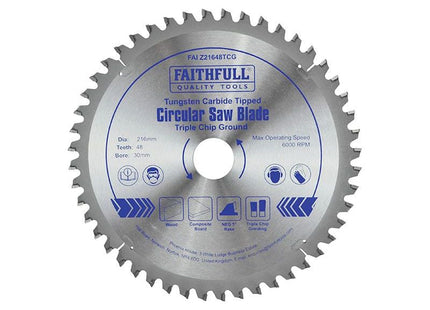 Faithfull TCT Circular Saw Blade Triple Chip Ground 216 x 30mm x 48T NEG Faithfull - RockBottom Northampton