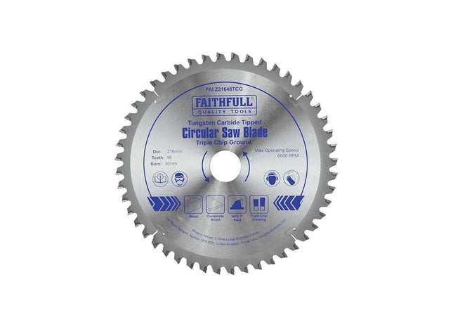 Faithfull TCT Circular Saw Blade Triple Chip Ground 216 x 30mm x 48T NEG Faithfull - RockBottom Northampton