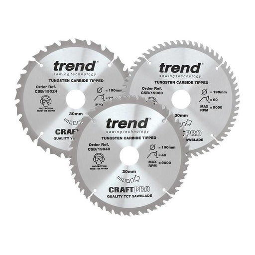 Trend CraftPro Saw Blade 190 x 30mm x 24T/40T/60T (Pack 3) Trend - RockBottom Northampton