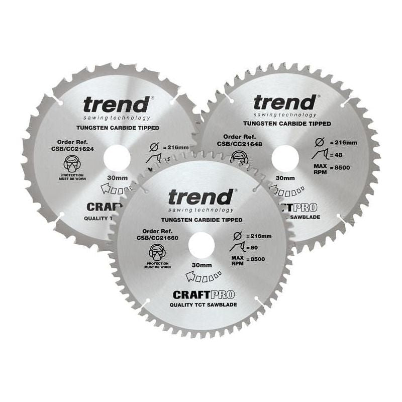 Trend CraftPro Mitre Saw Blade 216 x 30mm x 24T/48T/60T (Pack 3) Trend - RockBottom Northampton