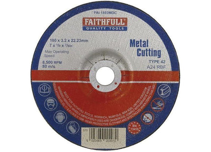 Faithfull Depressed Centre Metal Cutting Disc 180 x 3.2 x 22.23mm Faithfull - RockBottom Northampton